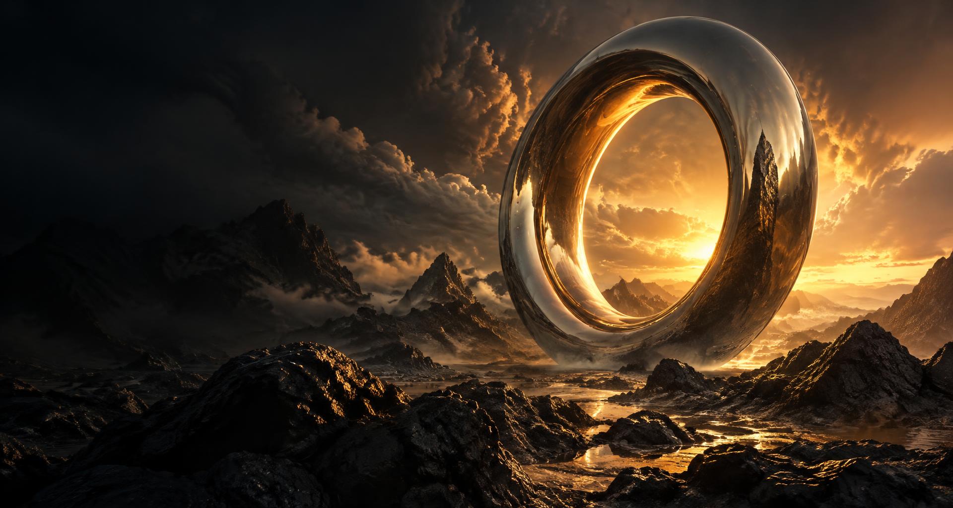 A cinematic golden light illuminating a sculptural chrome ring